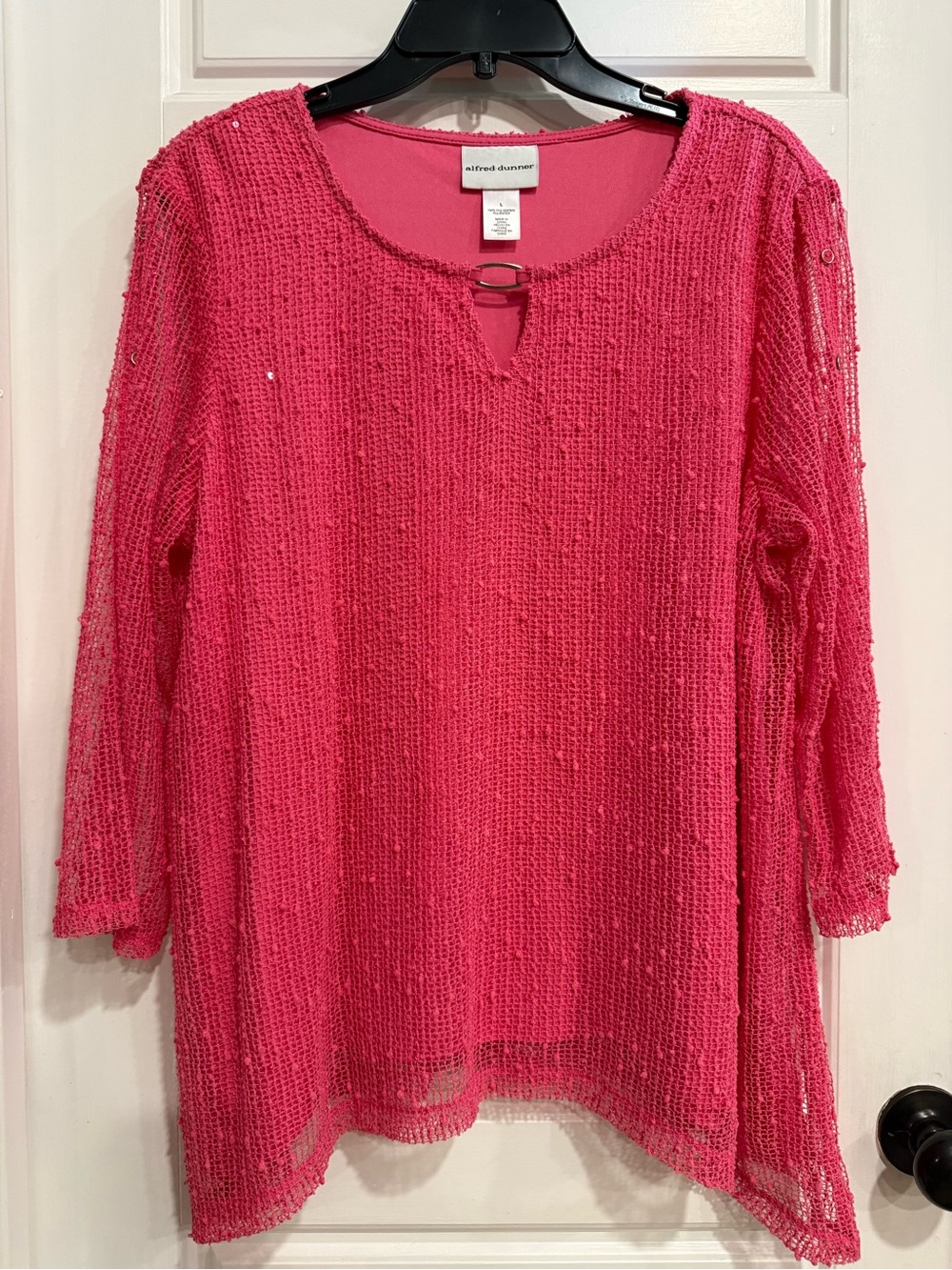 Alfred Dunner L Pink Open Knit Tunic Top Sequin Button Sleeve Layered Blouse